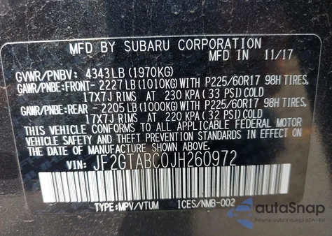 2018 Subaru Crosstrek 2.0I Premium from USA, damaged, VIN JF2GTABC0JH260972